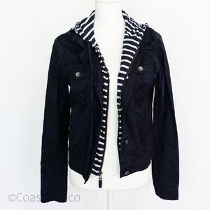 Splendid Navy Hooded Denim Jacket Striped zip-up M, Casual Coastal Preppy